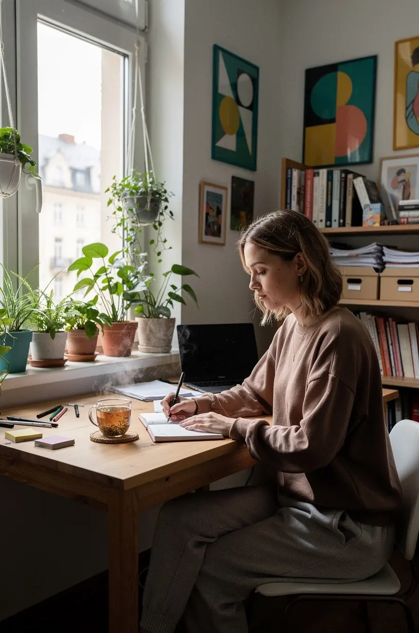 Mężczyzna w biurze korzystający z techniki mindfulness podczas przerwy w pracy.